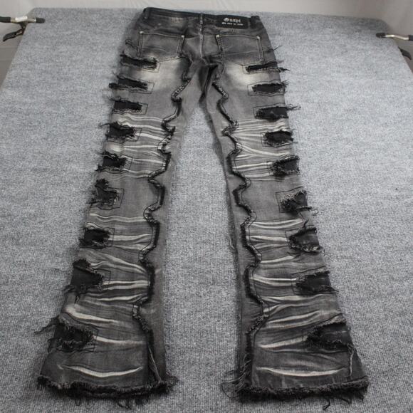 Guapi Jeans Mens 32 Flare Distressed Black Patchwork Stacked Hip Hop Streetwear - Picture 2 of 13